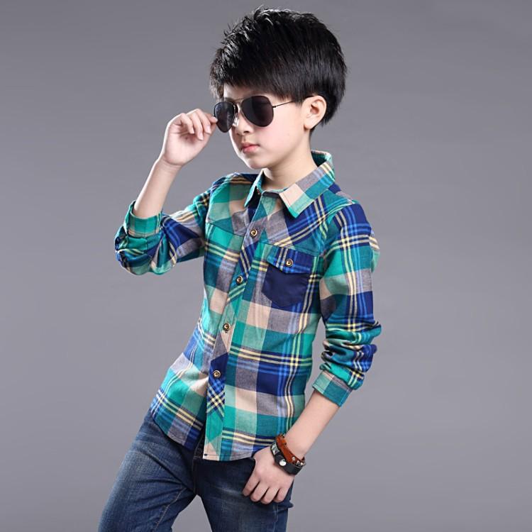 Yoghurt Lente Katoenen Kinderkleding Mode Casual Knap Shirt voor Kinderen Blouses Jongens Geruite Lange Mouw Overhemden 150 groen