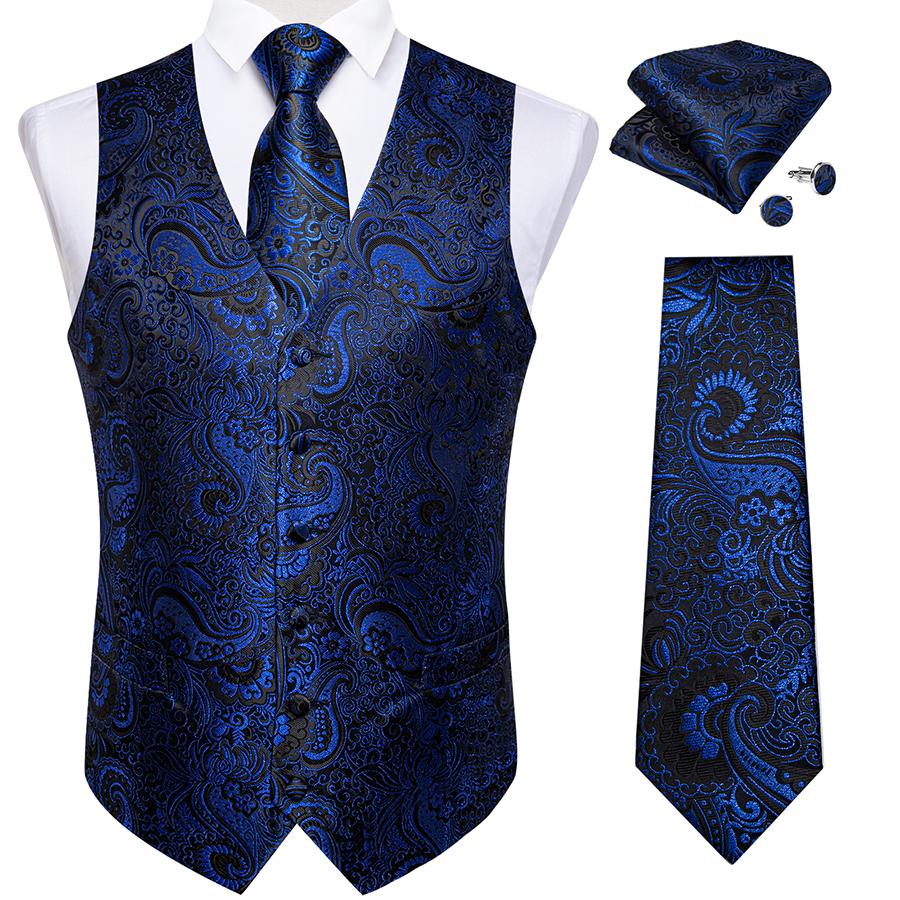 DiBanGu Mens Trendy Heren blauw vest paisley bloemen zijde jacquard vintage vest pak stropdas set bruiloft XXXL