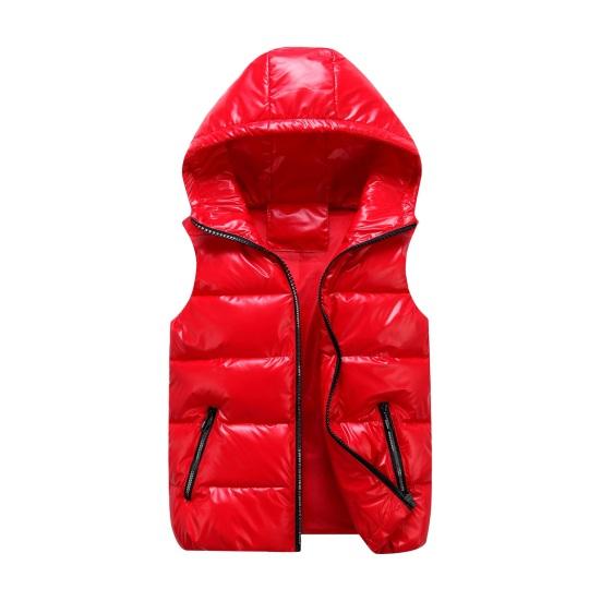 Tianhangyuan Heren katoenen vest herfst winter capuchon mouwloos rits sluiting jas met zakken effen kleur glanzende afwerking dons gewatteerde vest jas M rood