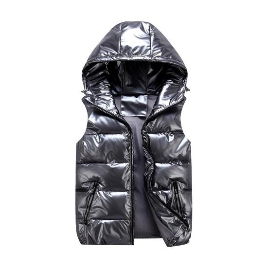 Tianhangyuan Heren katoenen vest herfst winter capuchon mouwloos rits sluiting jas met zakken effen kleur glanzende afwerking dons gewatteerde vest jas M grijs