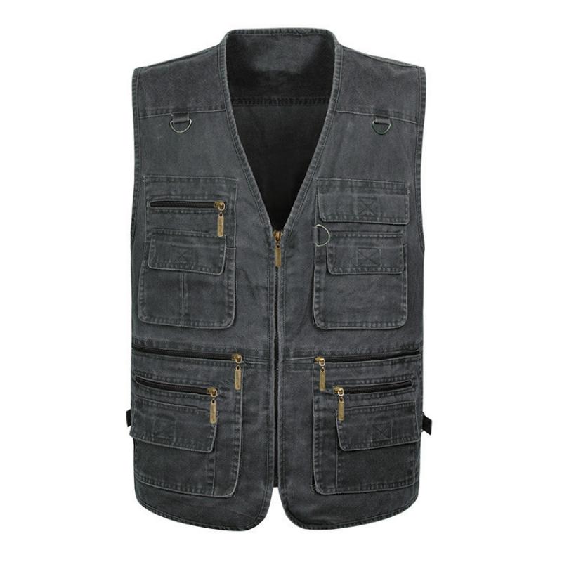 GRK Herenvest Vrijetijdsjack Lente en herfst Losse stijl Katoen Multi-pocket Rits Winddichte jas Kraagloos Mouwloos jack voor heren 7XL grijs