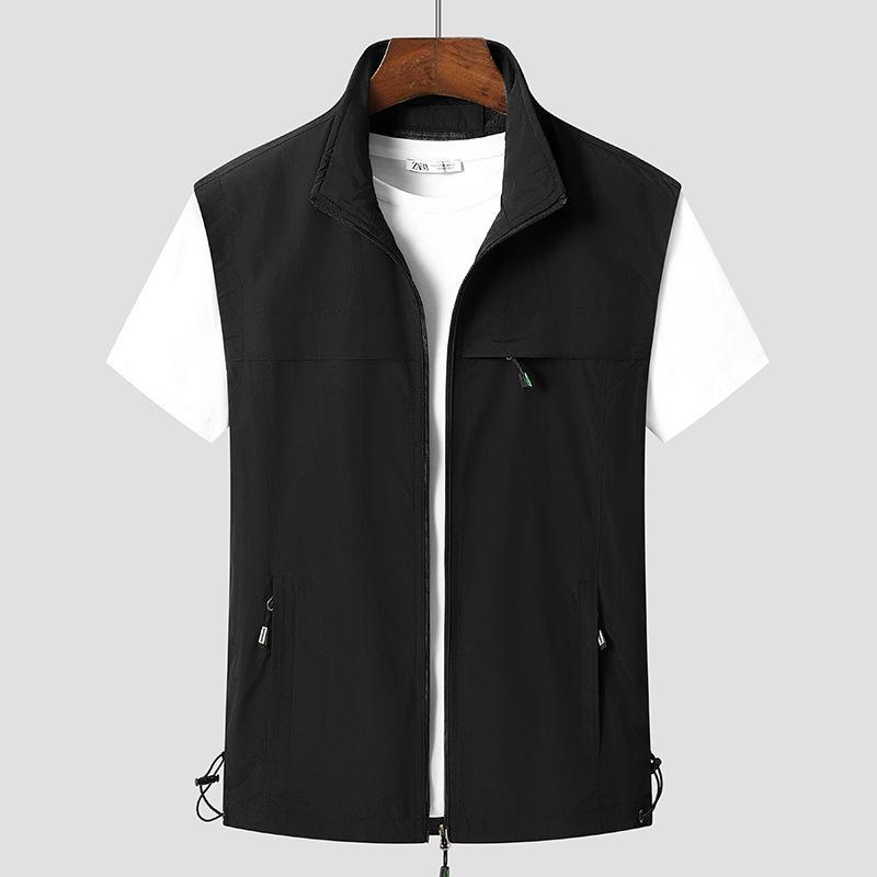 Top Men Wardrobe Herenvest lente/herfst 2024 lichtgewicht met zakken voor middelbare leeftijd en ouderen 5XL zwart