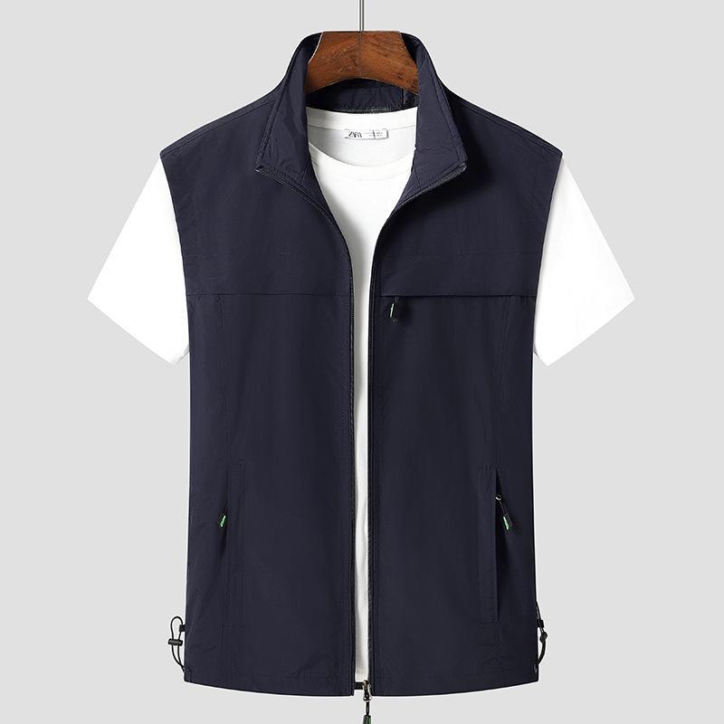 Top Men Wardrobe Herenvest lente/herfst 2024 lichtgewicht met zakken voor middelbare leeftijd en ouderen 5XL marineblauwe kleur
