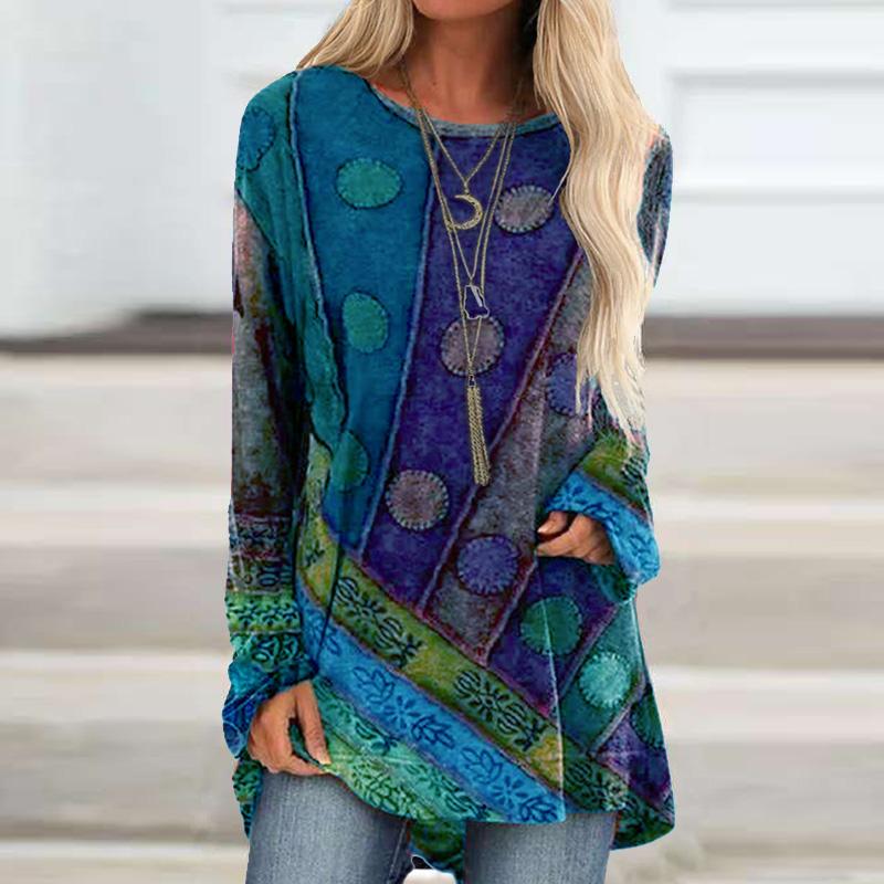 3D Popular Clothing Plus Size Dames Herfst Blauw Stippen Print Comfortabel Lange Mouw Ronde Hals T-shirt Casual Baggy Mid-lengte T-shirt Top XL blauw