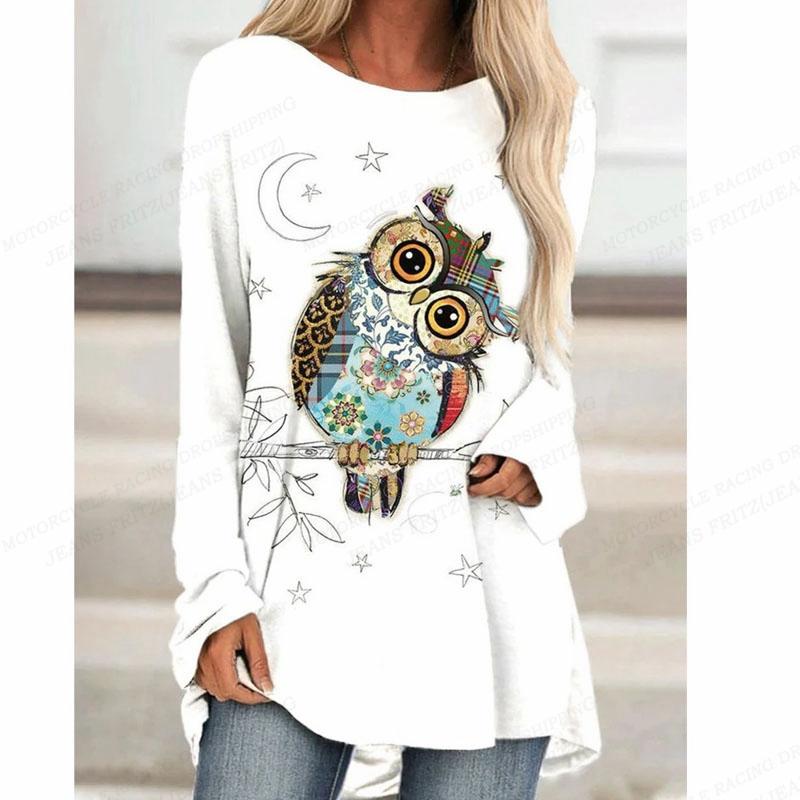 Etst 003 Uil T-shirt Dames T-shirt Dames Mode T-shirt Dier T-shirt Lange Mouw Tops Tees Essentiële Tops Kawaii Tuniek Dameskleding L