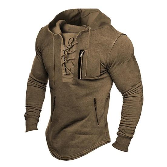 Guannuotong Mannen Herfst Lente Top Lace Up Trekkoord Effen Kleur Lange Mouw Rits Zakken Pullover Streetwear Zachte Breathale Mannen Halflange Hoodie XL bruin