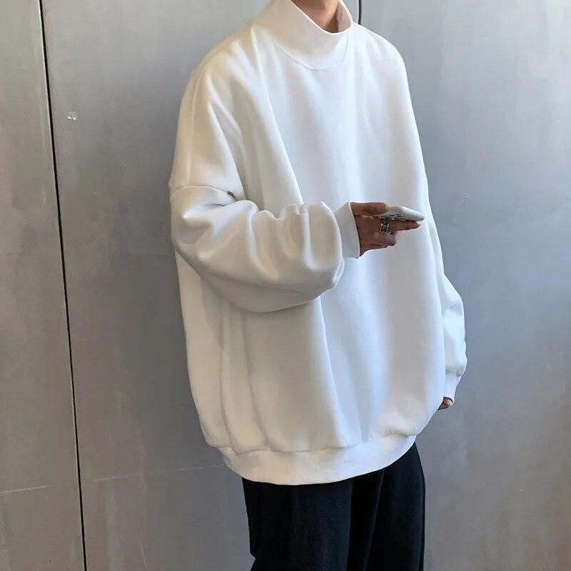 YUMI wardrobe Fleece Sweatshirt Mannen Koreaanse Mode Casual Opstaande Kraag Hoodie Mannen Streetwear Hip Hop Trui Oversize Tops Herfst M wit