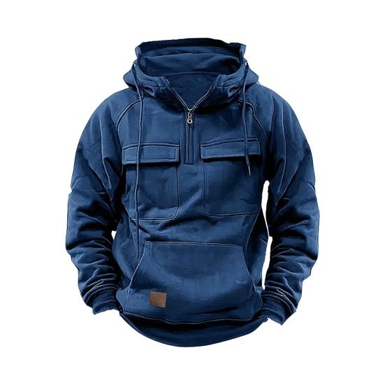Bohuidadeng Lente Herfst Heren Hoodie Cargo Stijl Trekkoord Grote Opgestikte Zak Halve Rits Lange Mouwen Effen Kleur Casual Dagelijkse Draag Sport Top L donkerblauwe kleur