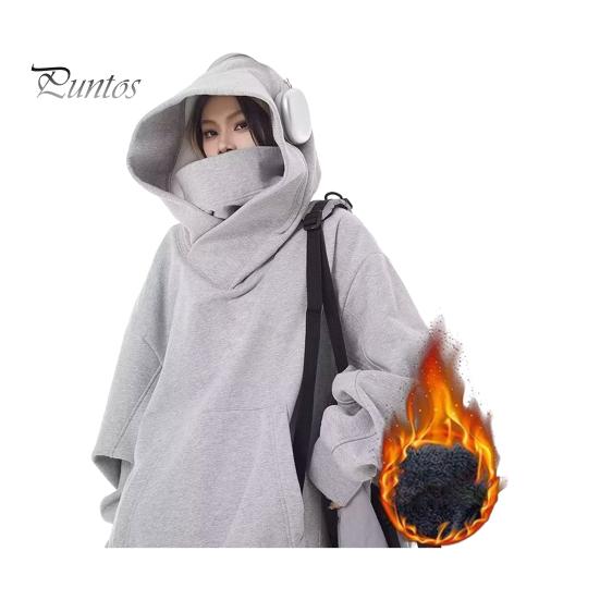 DILLER Herfst Winter Heren Hoodie Oversize Capuchon Lange Mouwen Pure Kleur Hip Hop Hoge Kraag Grote Opgestikte Zak Elastische Manchet Middellange Warme Top M lichtgrijze kleur