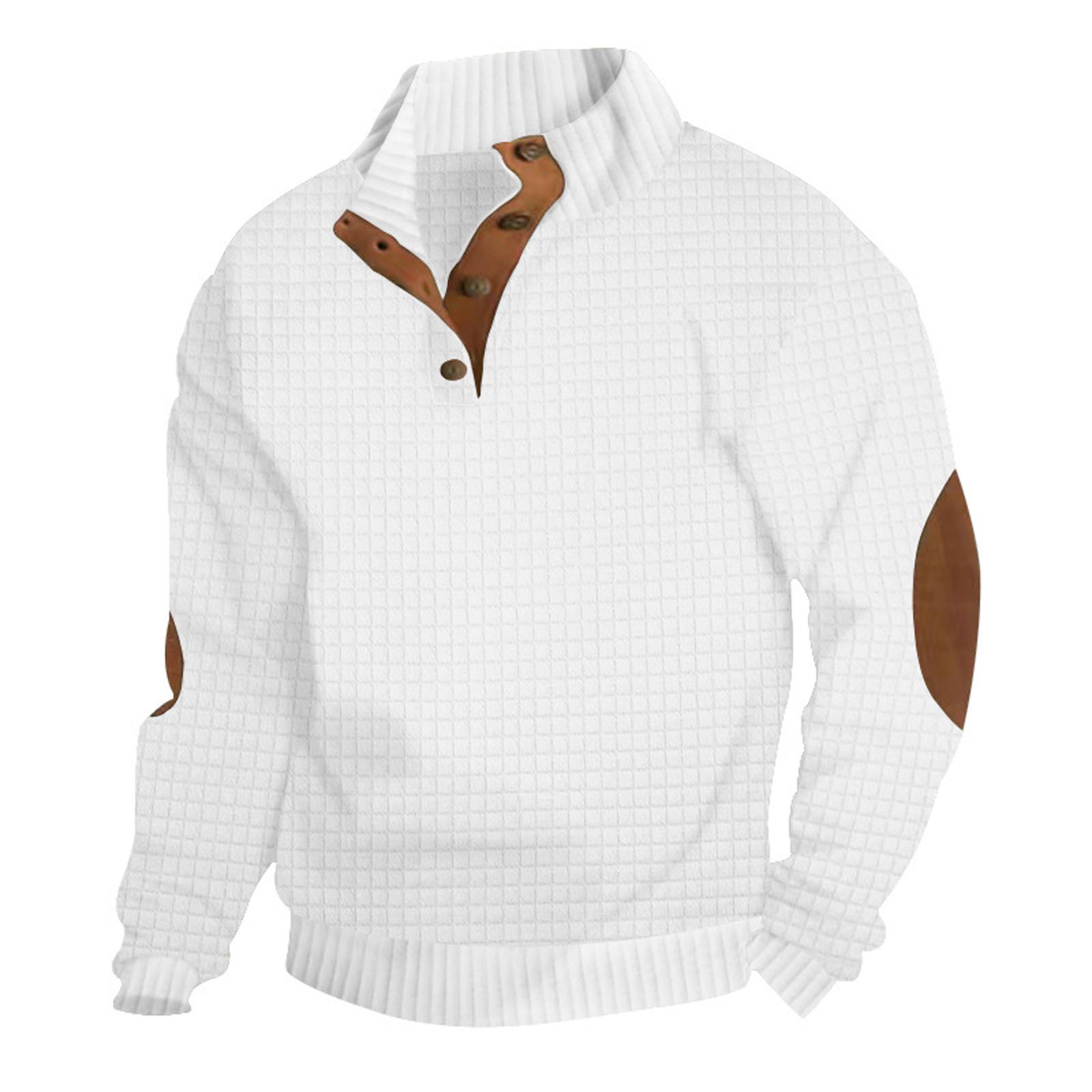 Niubiplus Heren losse effen kleur knoop stand kraag patch zak capuchonloos sweatshirt XL wit