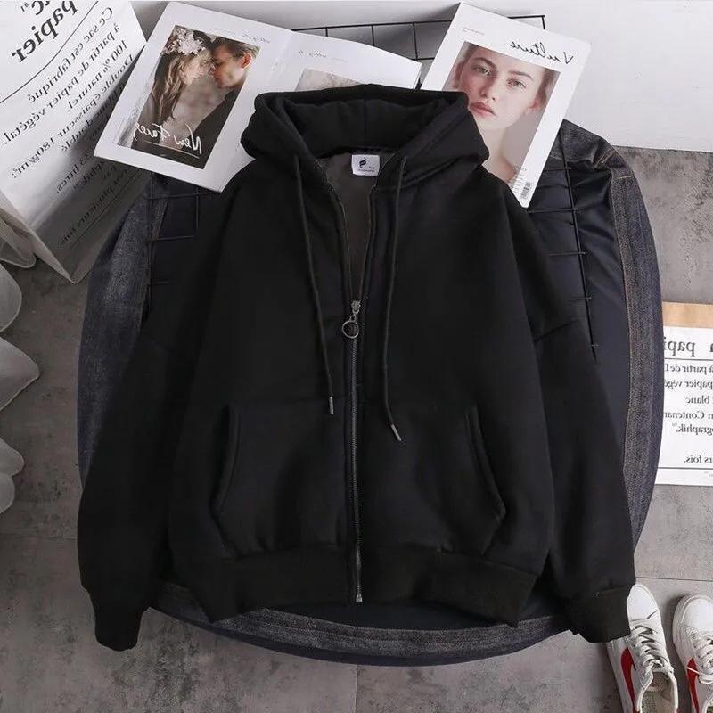HOTDOG Heren herfst en winter losse casual gewatteerde sweatshirt effen kleur capuchon rits jas 3XL zwart