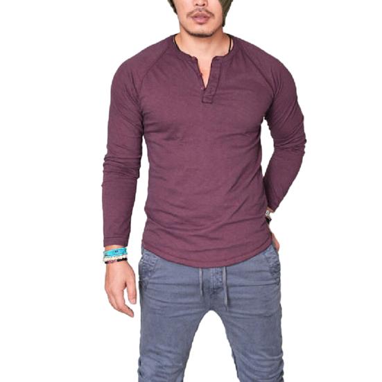 Meizhenchang Heren herfst T-shirt ronde hals effen kleur lange mouwen slim fit zacht ademend casual eenvoudige stijl halflange heren lente top L rood