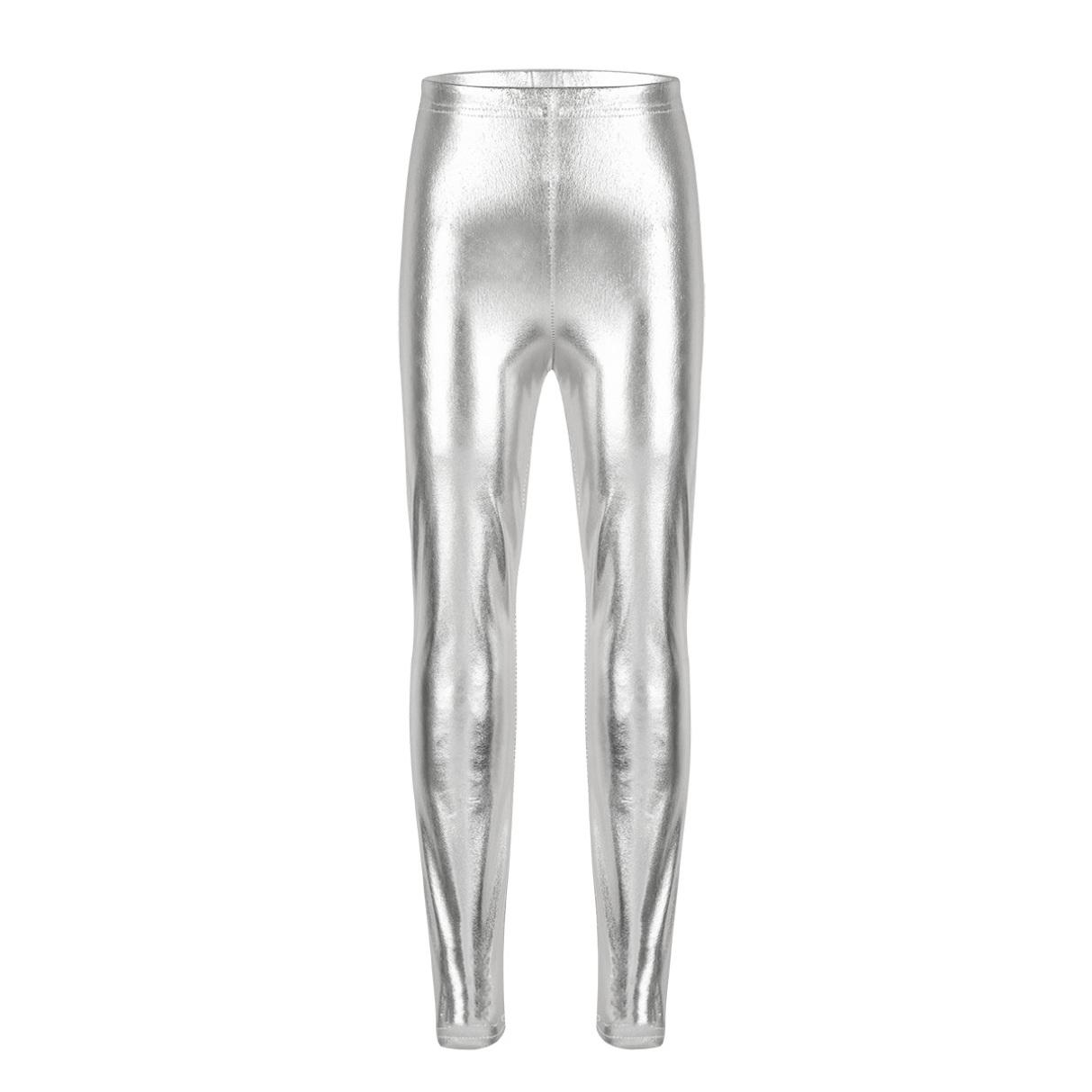 Manyakai Kinderen Meisjes Glanzende Metallic Basic Legging Broek Gymnastiek Ballet Dans Hoge Taille Panty's 8-10 Years zilver