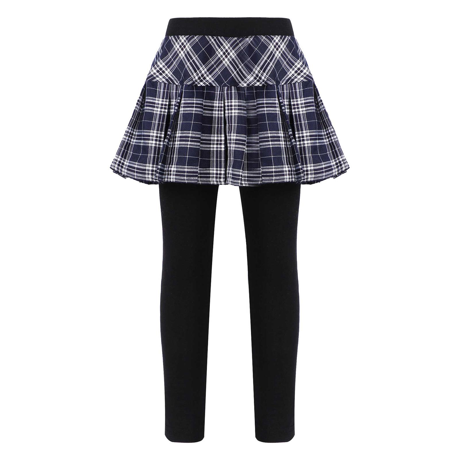 Fldy Kinderen meisjes casual lange broek rasterprint geplooide rok stijl legging nep tweedelige danskleding 3-4 Years donkerblauwe kleur