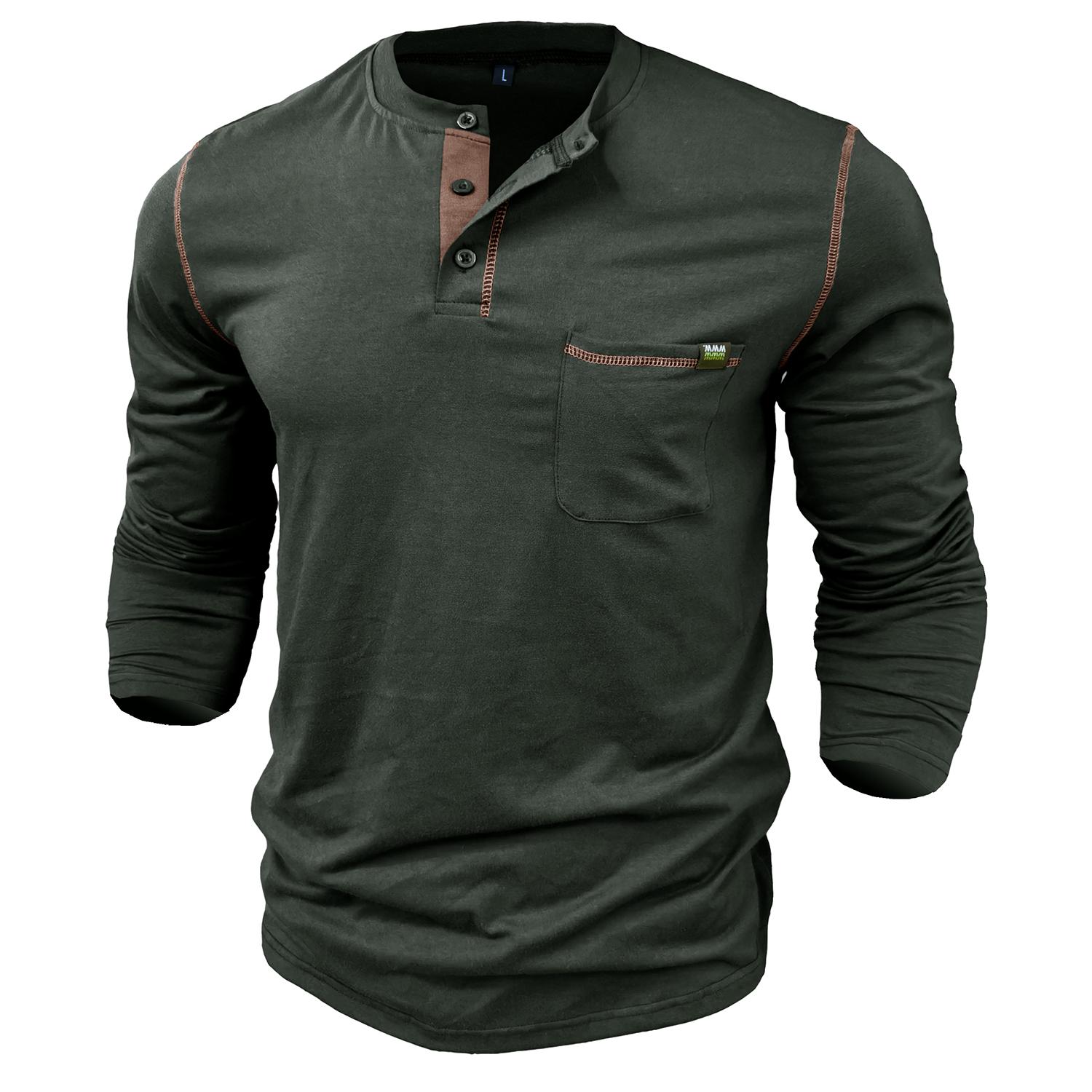AC-Fashion-4 Heren Lange mouwen Henley-overhemden Katoen Pullovers In bijpassende kleuren Gebreid T-shirt Knopen Ronde hals Borstzak Tops Stijlvol Dagelijks Informeel Herenkleding XXL