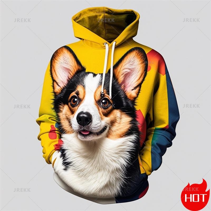 ETST 05 Vintage 3D schattige dieren Welsh Corgi print Nieuw binnen Hoodies & Sweatshirts Mode Corgi liefhebbers Streetwear Hooded Hoody Herenkleding 2XL