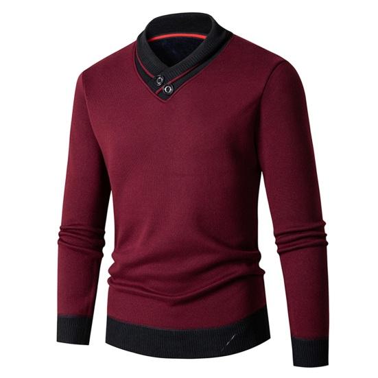 DILLER Herfst Winter Heren Trui V Hals Gebreid Dik Elastisch Warm Lange Mouwen Pullover Slim Fit Contrasterende Kleur Mid Lengte Heren Thermisch Ondergoed XL wijnrode kleur