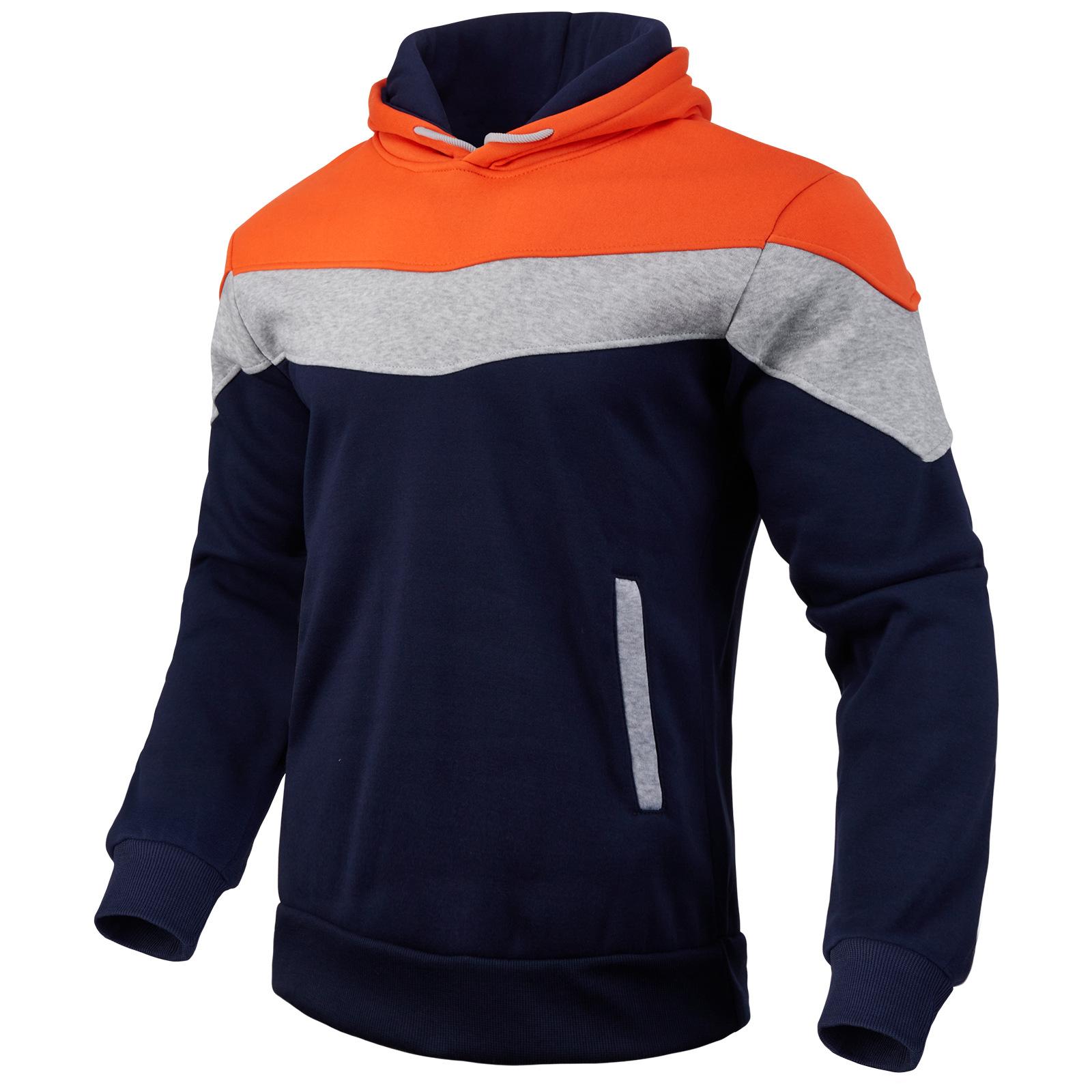 WowClassic Drie kleuren patchwork hooded sweatshirt heren lange mouw fleece hoodies herfst winter warme pullover kleding tops XXXL oranje
