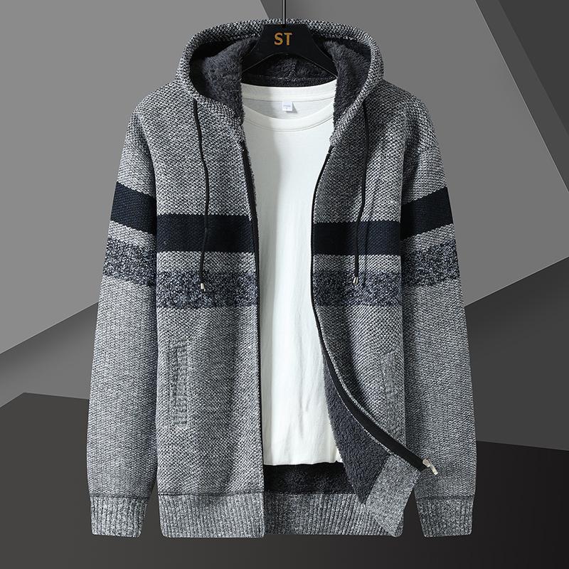 WOLF MAN Winter gestreepte heren trui jas dikke fleece warme rits wollen capuchon vest truien heren lange mouw gebreide truien 3XL lichtgrijze kleur