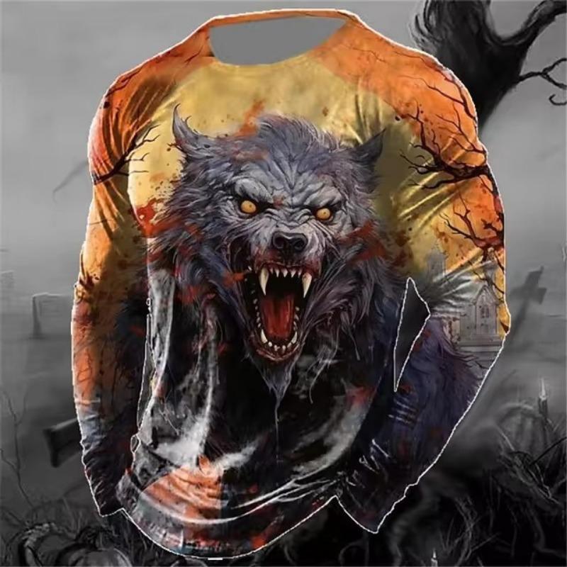 HerSight Heren T-shirt met lange mouwen 3D-geprinte high-definition wolf dierenprint Heren herfsttops Casual ronde hals T-shirt 6XL