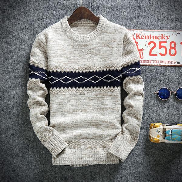 JOHO - CarGear Trui Heren Merkkleding Herfst Winter Wol Slim Fit Trui Heren Casual Gestreepte Pull Jumper Heren 3XL beige