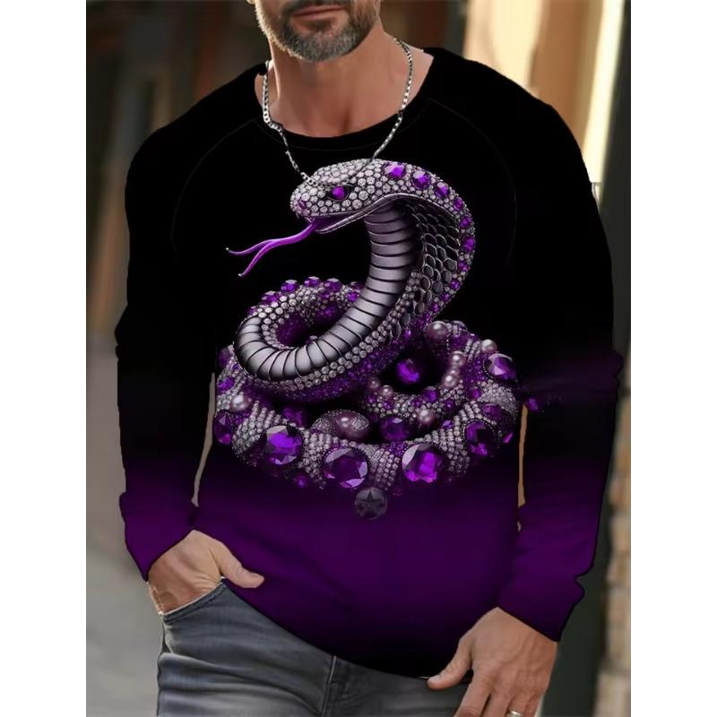 Forever Men Heren Street 3D Snake Nieuwjaar Fierce Print T-shirt Casual Ronde Hals Grafisch T-shirt Tops Ademend Sport Lange Mouw Heren 3XL