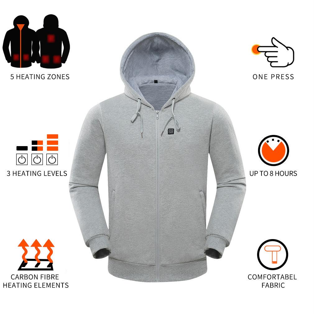 LS7ZO 5 gebieden verwarmde hoodie heren USB verwarmde jas hoodies, verwarming truien dames sweatshirt met capuchon oversized verwarmde rits hoodie 4XL grijs