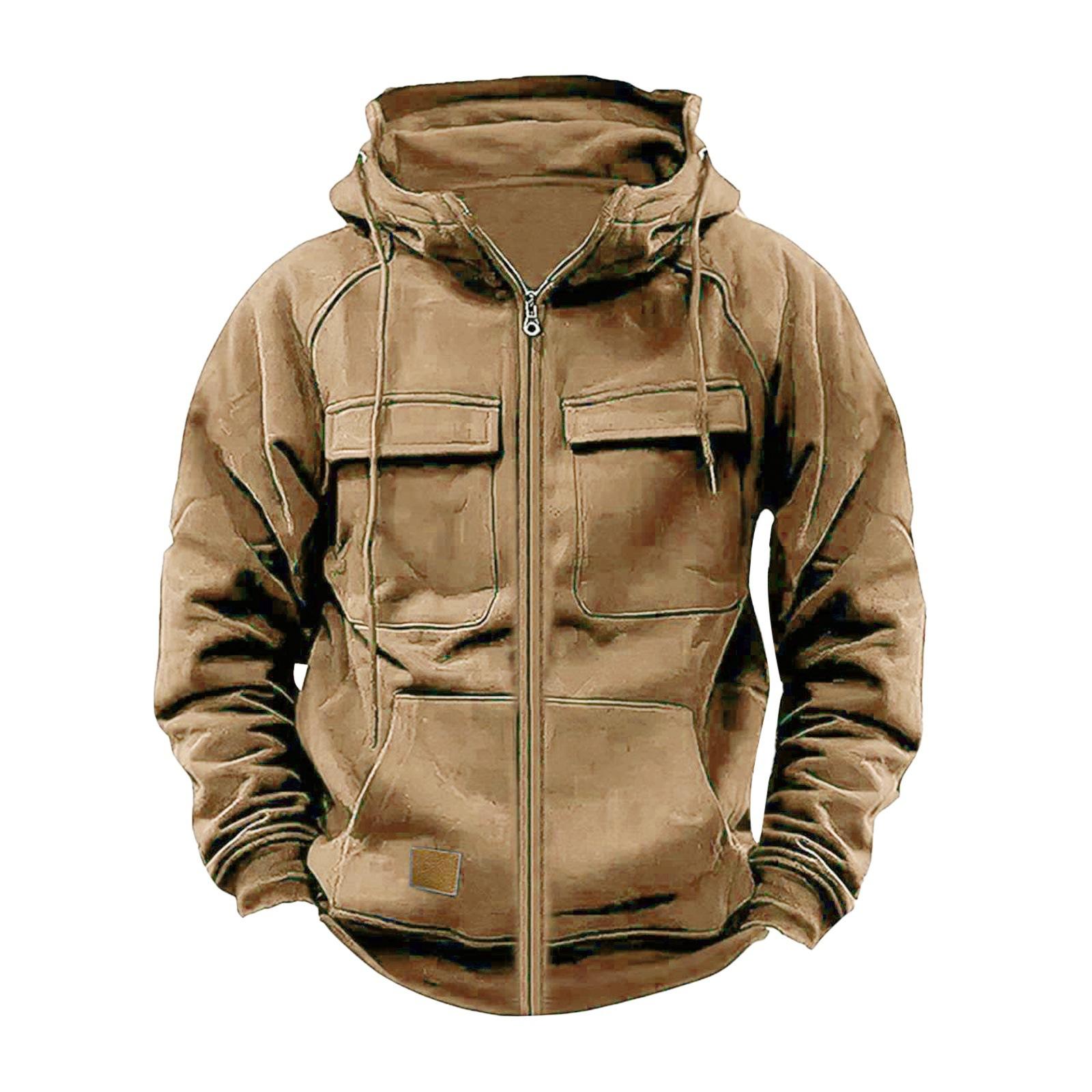 FX Men Herfst Winter Heren Capuchon Effen Hoodies Jassen Meerdere Zakken Mannelijke Rits Sweatshirts Sport Buiten Casual Hoodie Jas XXL kaki