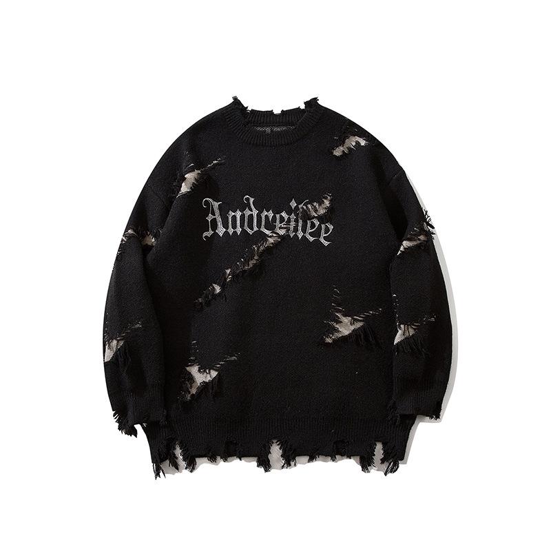 VantaGoods YWFG Heren Retro Letter Raw Edge Trui - 2024 Herfst/Winter, Losse pasvorm, Veelzijdig, Ronde hals, Lange mouwen, Unisex. M zwart