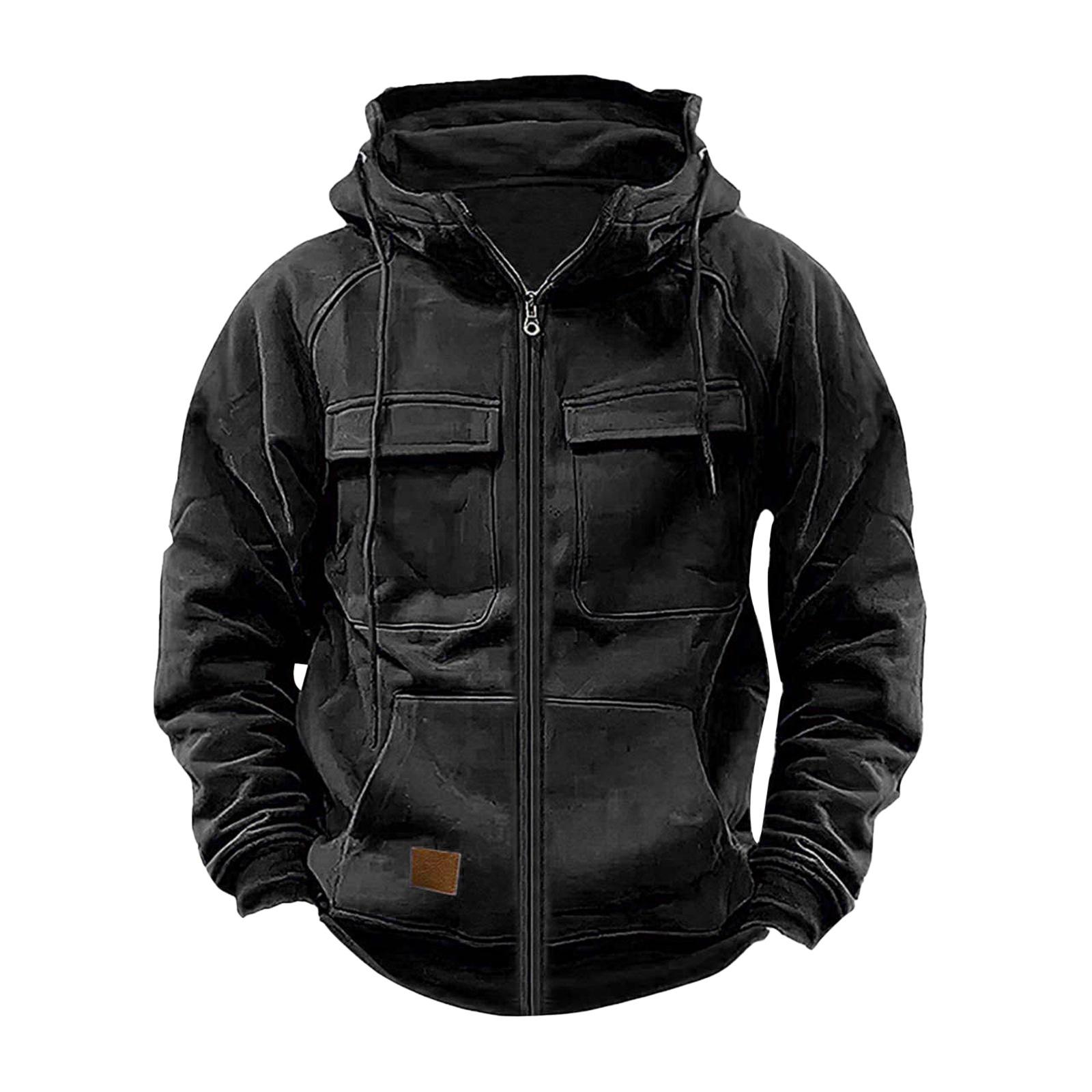 FX Men Herfst Winter Heren Capuchon Effen Hoodies Jassen Meerdere Zakken Mannelijke Rits Sweatshirts Sport Buiten Casual Hoodie Jas XXL zwart