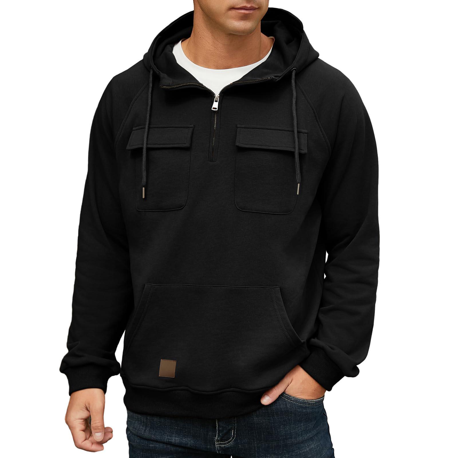 Explorer Outdoors Effen kleur herensweater met capuchon, Europese en Amerikaanse jeugdsport leren trui met meerdere zakken en patch XXXL zwart