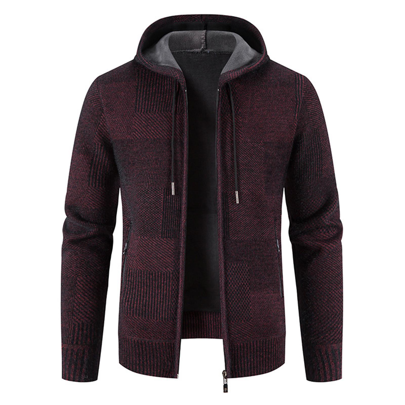 Sinking fish Herenjas met capuchon, pluche, geruit breiwerk met trekkoord, trui, warme effen kleur jassen, tops XL wijn