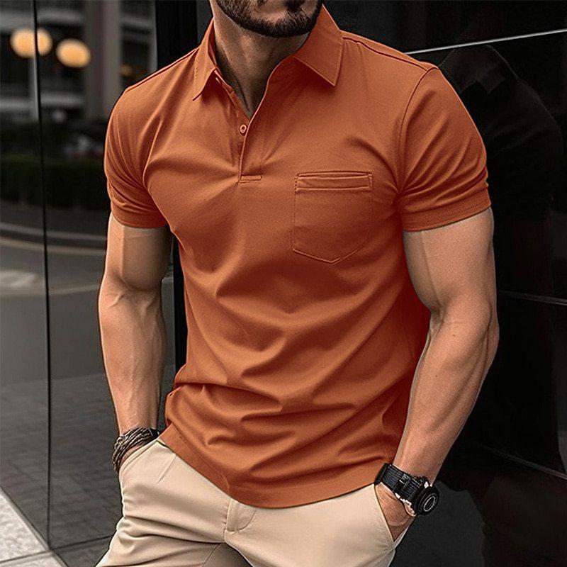 HerSight Zomershirt met korte mouwen Heren Knoppen Zak Effen Heren Sport-reversshirts Zwart Grijs Blauw Tops 3XL oranje