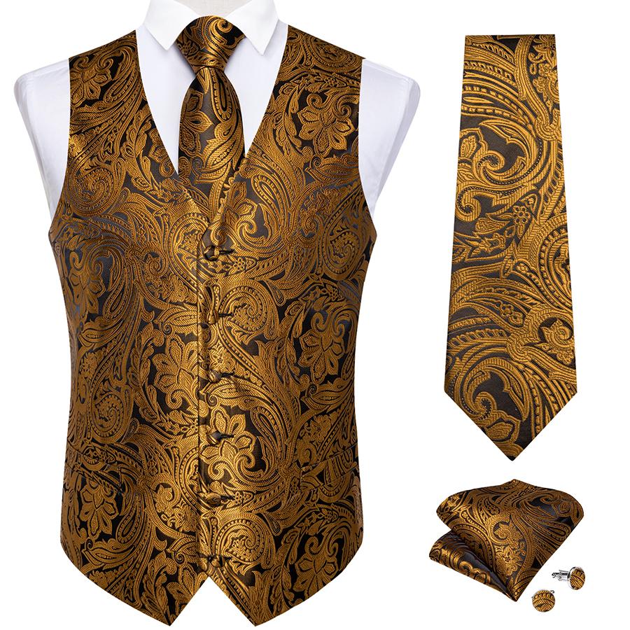 DiBanGu Mens Trendy Goud Zwart Paisley Heren Gilet Retro Vest Stropdas Zak Vierkante Manchettenknopen Set S