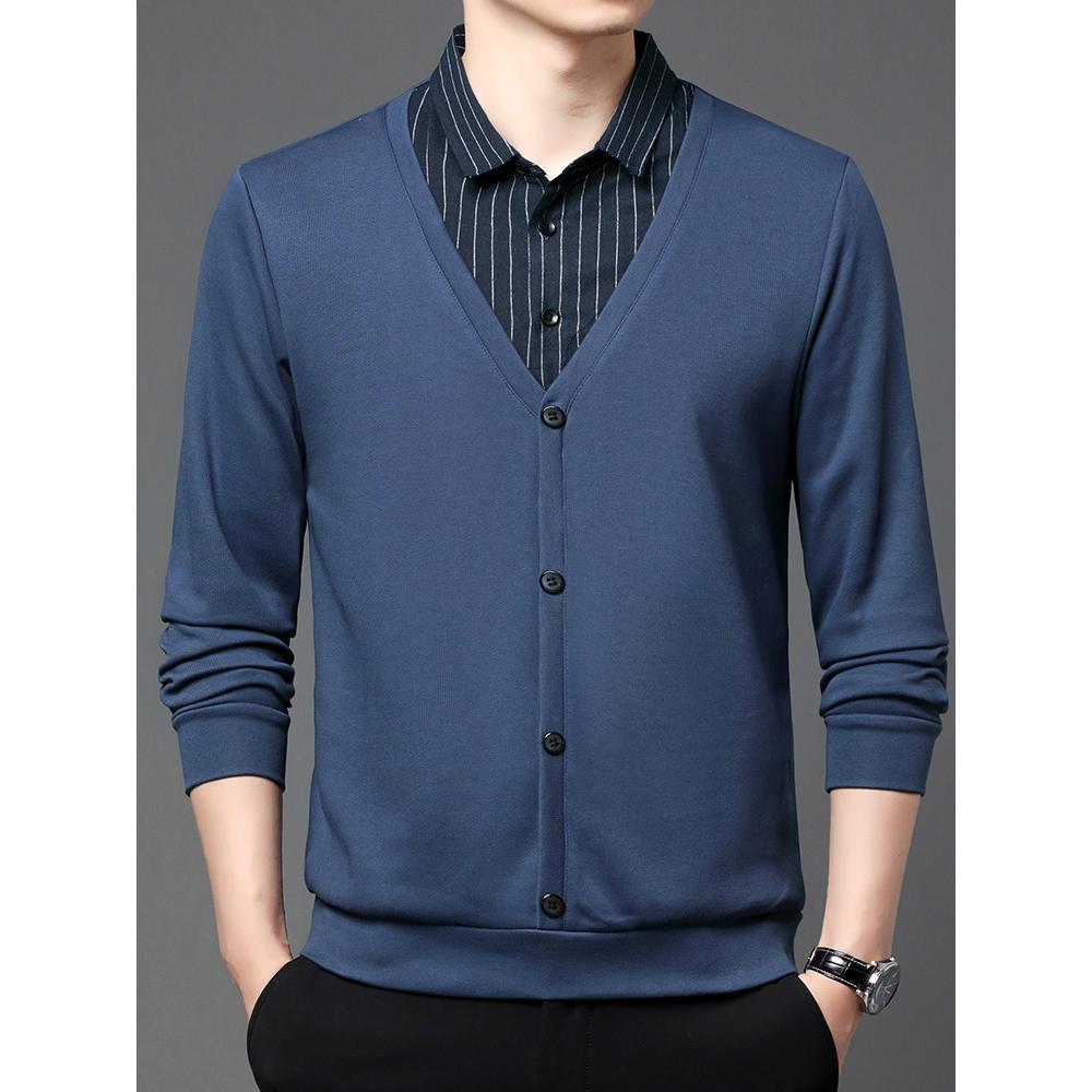 HerSight Nep tweedelig overhemd heren herfst winter streep reverskraag patchwork shirts top papa's warme casual gebreide trui 5XL blauw
