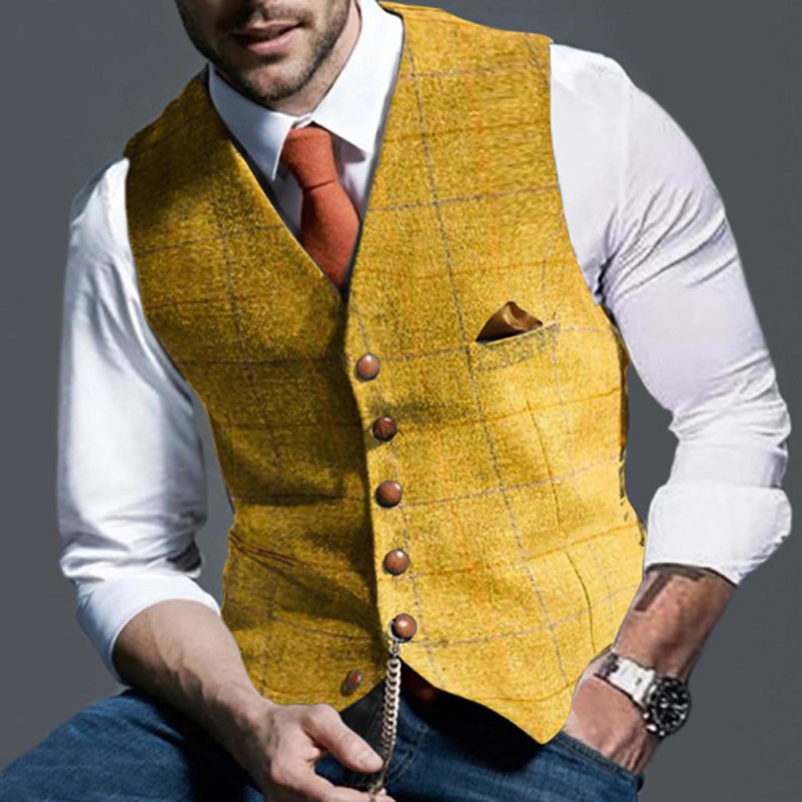 Jiangnan D Heren Casual Plaid Vest Heren Slim Vest Heren Jas Vintage Wol Visgraat Retro Satijn S geel