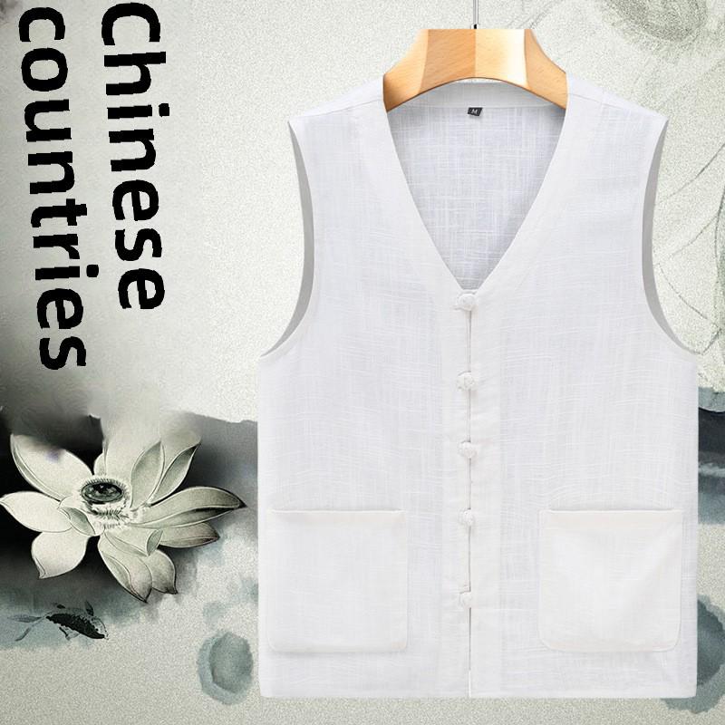 StrideBox Men's Summer Lightweight Linen Tang Suit Vest - Loose, Breathable, Sleeveless for Middle-Aged & Elderly 2XL