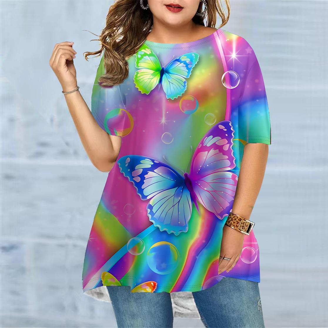 DuanShaoFeng Plus Size Dames Zomer Roze Vlinder Print Comfortabel Korte Mouw Ronde Hals T-shirt Casual Baggy Medium Lengte T-shirt 8XL veelkleurig