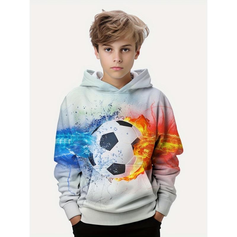 ETST 007 Kindermode Voetbal 3D Geprint Jongens Casual Capuchon Pullover Lange Mouw Sweatshirt Voor Lente Herfst Kinderen Hoodie Tops Kleding 160CM