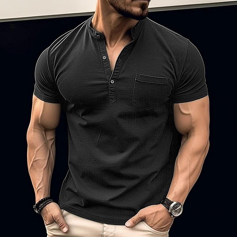 HerSight Zomer herenshirt effen korte mouw knopen zak V-hals T-shirt heren top M zwart