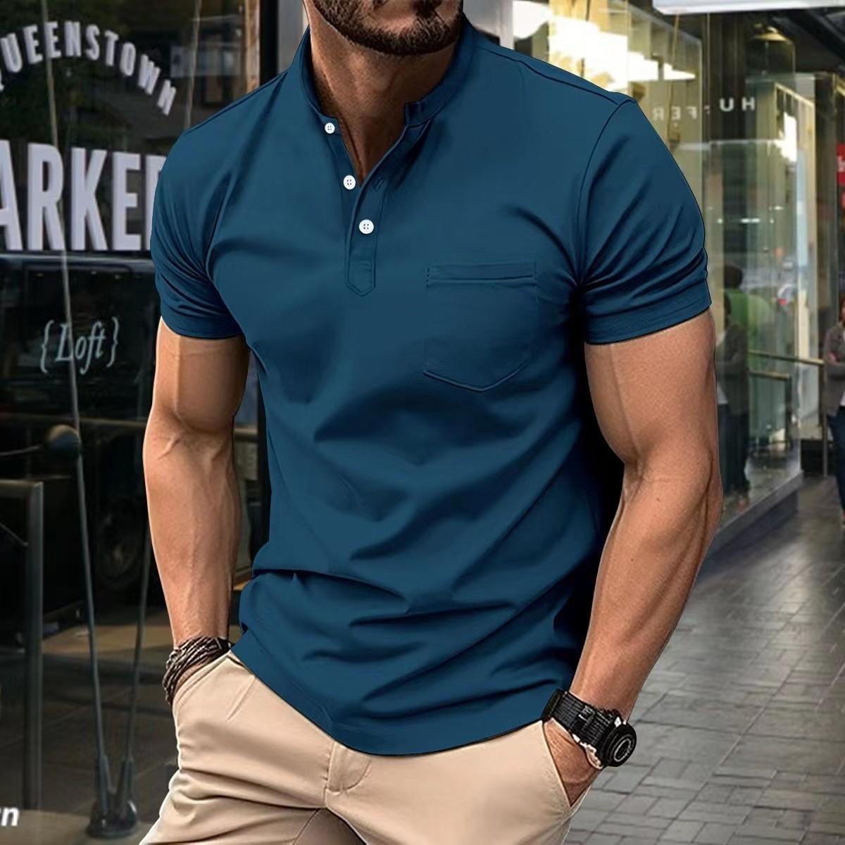 Fashion human Nieuwe heren casual POLO overhemd zakken V-hals knoop zakelijk effen kleur veelzijdig T-shirt korte mouwen 3XL donkerblauwe kleur