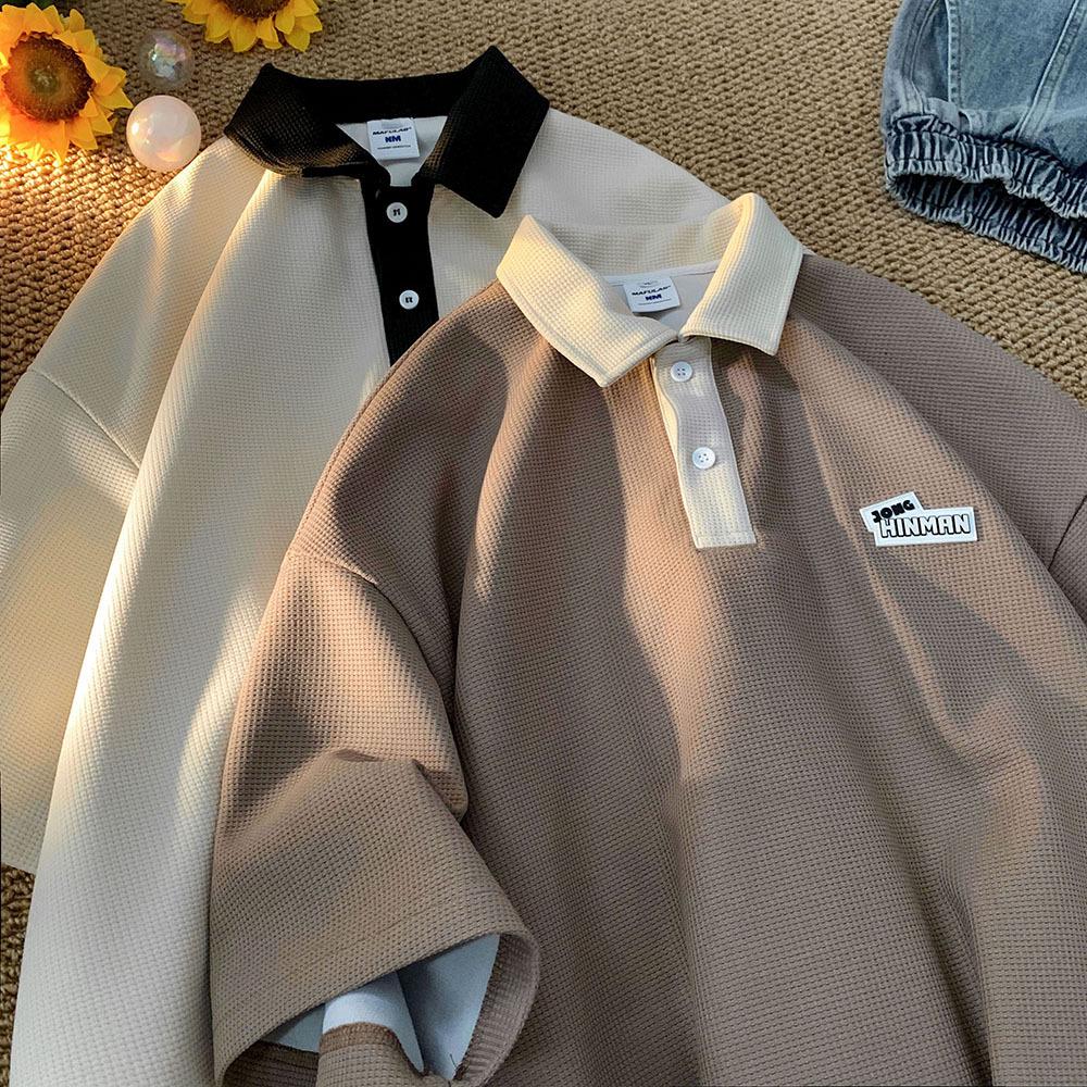 VantaGoods Heren Zomer Retro Waffle Polo T-shirt - Korte Mouw Losse Revers M lichtbruine kleur