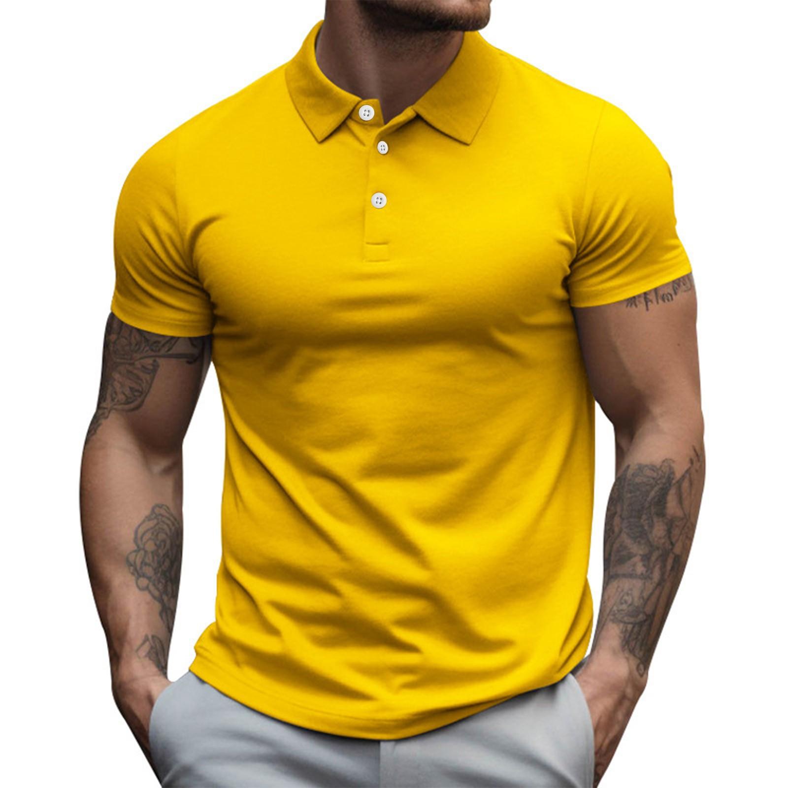 Wahaha123 Golfshirt voor heren Casual Sport V-hals Geribbelde kraag Korte mouw Mode Casual Effen Kleur Effen Lente en zomer Normale pasvorm XL geel
