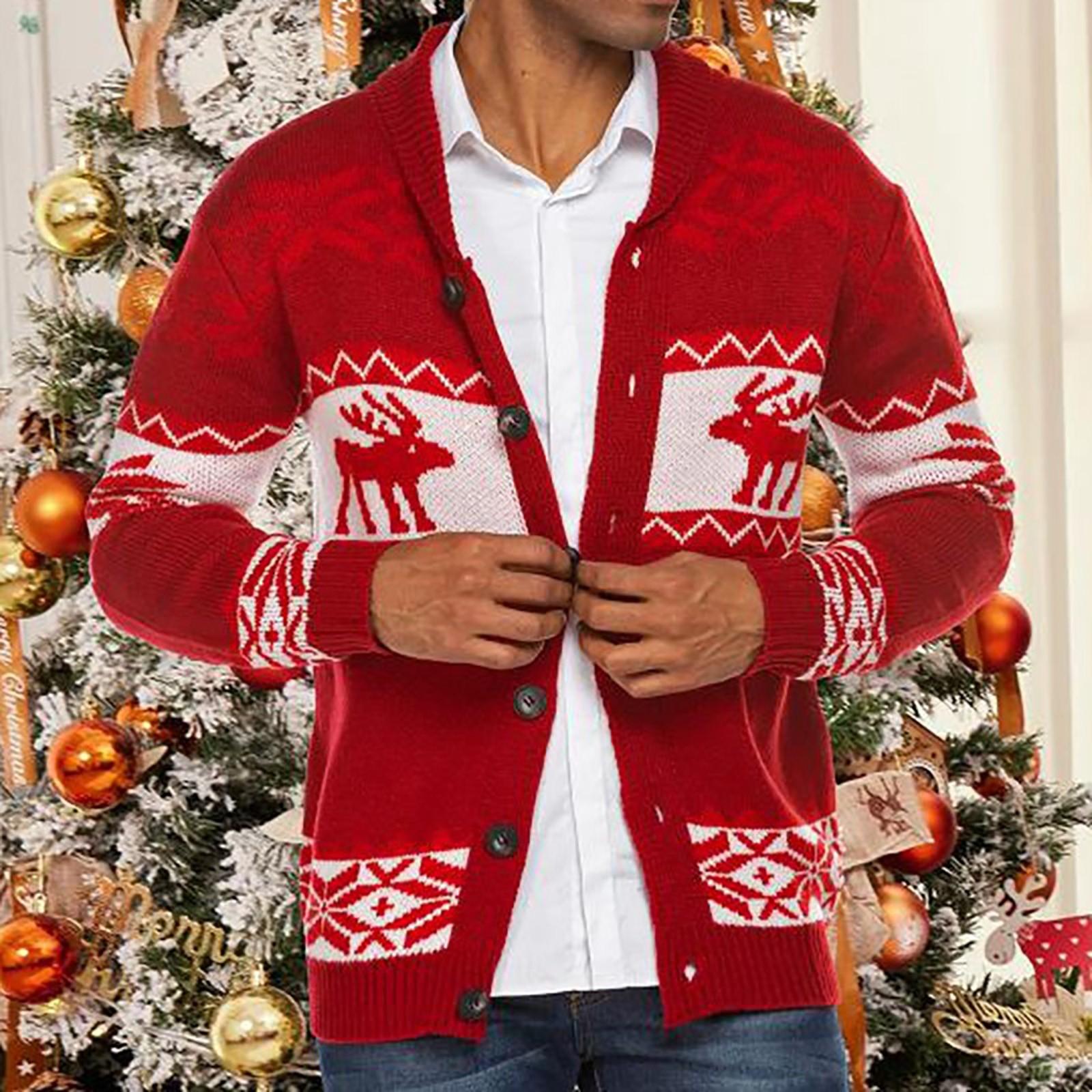Niubiplus Kerstmis Herfst Winter Heren Comfortabel Vest Revers Trui Knop Vest Trui Jas Heren M rood