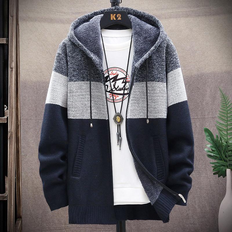 VantaGoods Gestreept gebreide cardigan met capuchon voor heren in Koreaanse stijl - Trendy casual bovenkleding voor de lente en herfst XL marineblauwe kleur