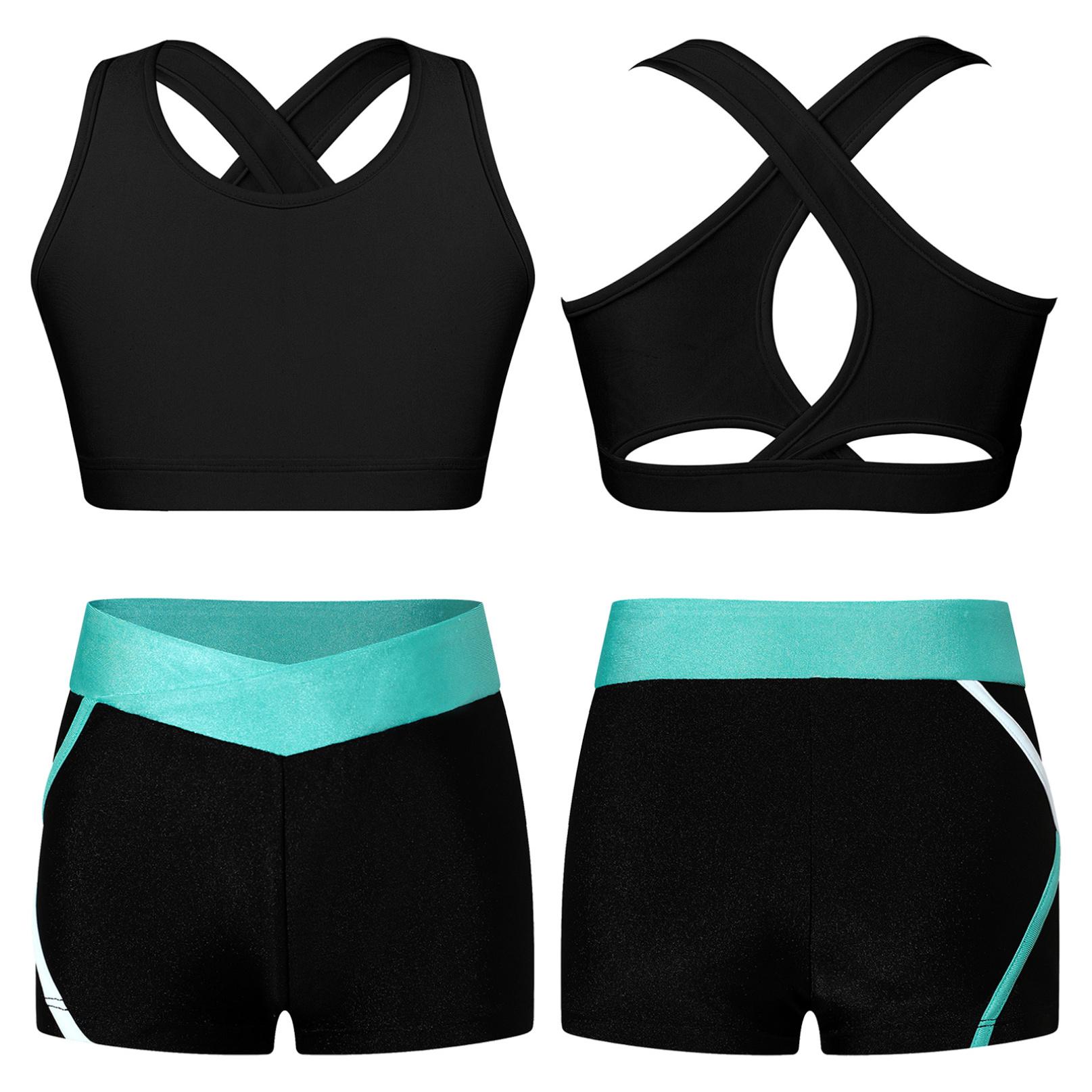 Inhzoy Meisjesbikinitankiniset Tanktop + shorts Tweedelig sportpak Sportkleding Kinderballetshirt Sportset Danskleding 11-12 Years blauw/zwart