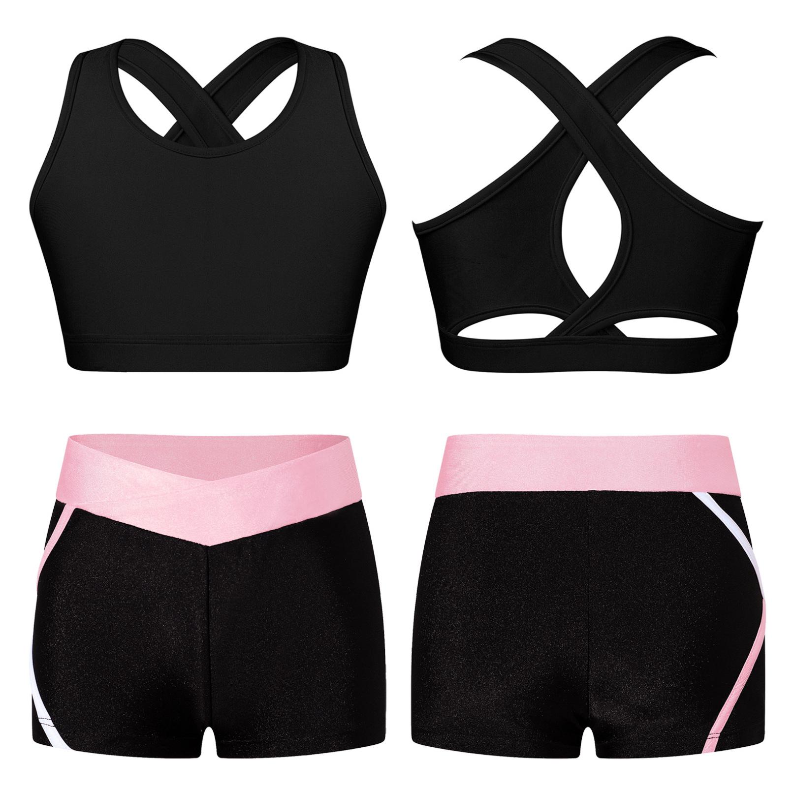 Inhzoy Meisjesbikinitankiniset Tanktop + shorts Tweedelig sportpak Sportkleding Kinderballetshirt Sportset Danskleding 13-14 Years zwart/roze