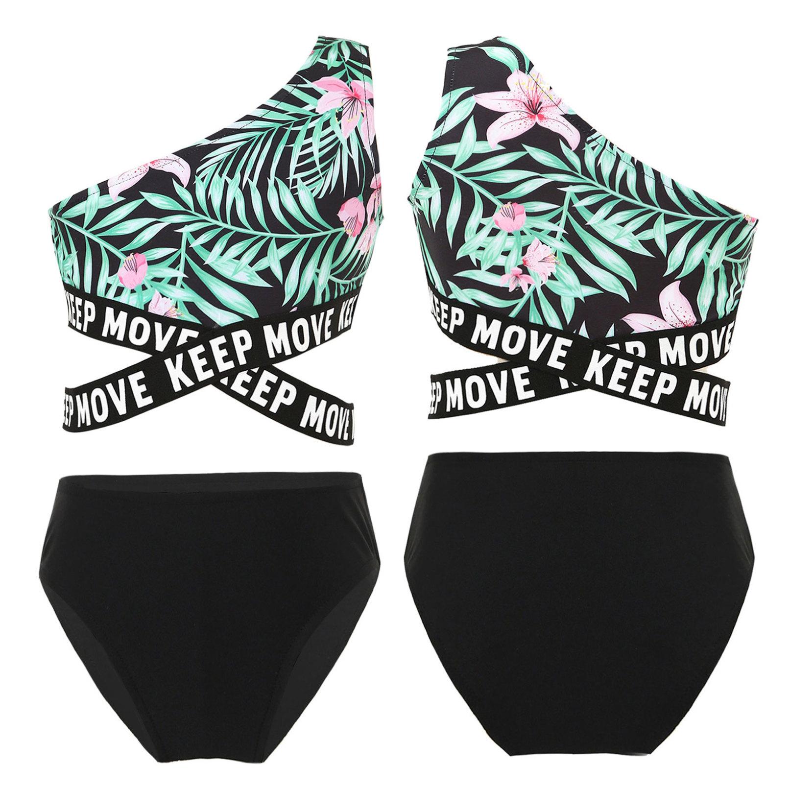 Manyakai 2 stuks kinderen meisjes asymmetrische enkele schouderband criss sash print crop tops en slips set strand zwembad zwemmen badpak 5-6 Years