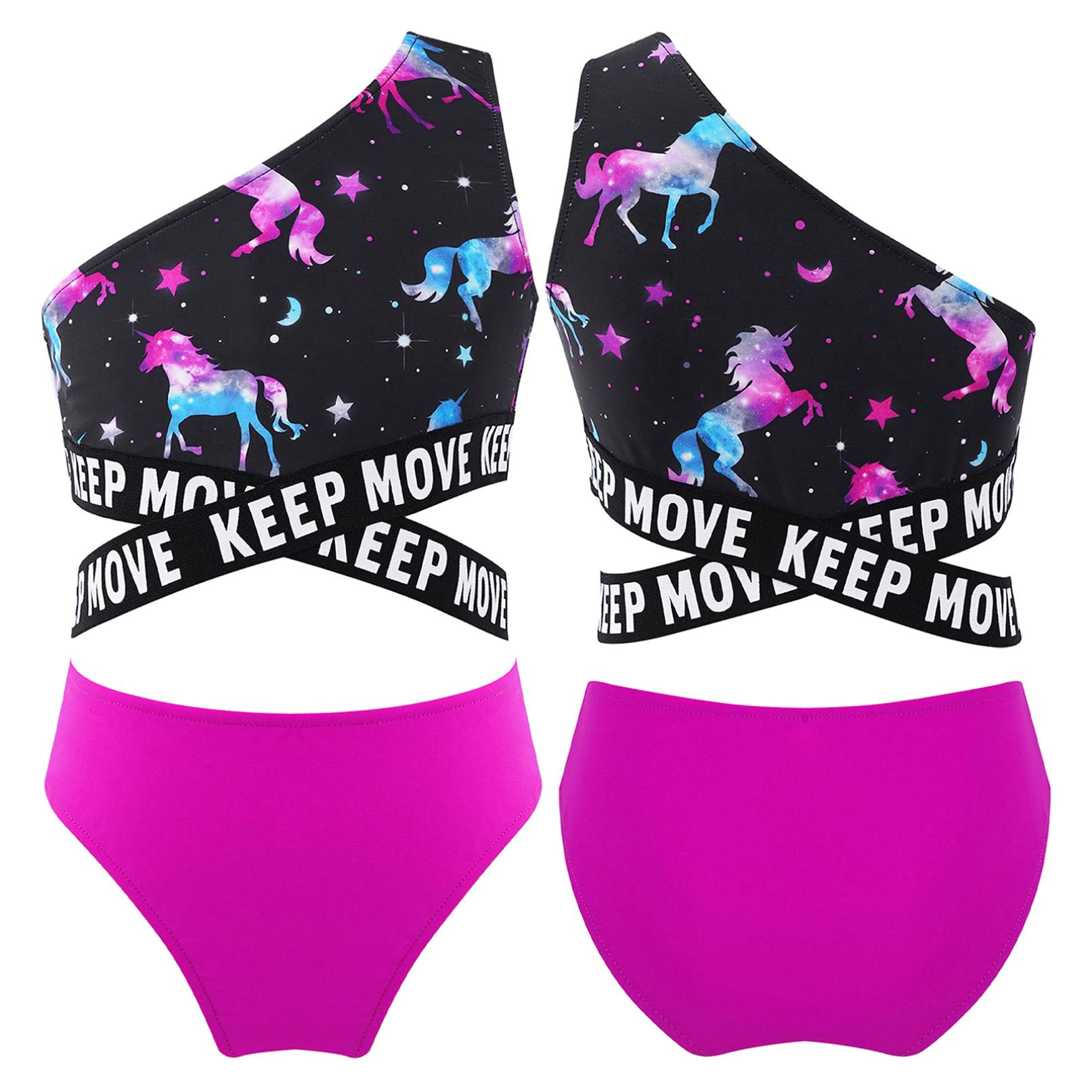 Manyakai 2 stuks kinderen meisjes asymmetrische enkele schouderband criss sash print crop tops en slips set strand zwembad zwemmen badpak 11-12 Years