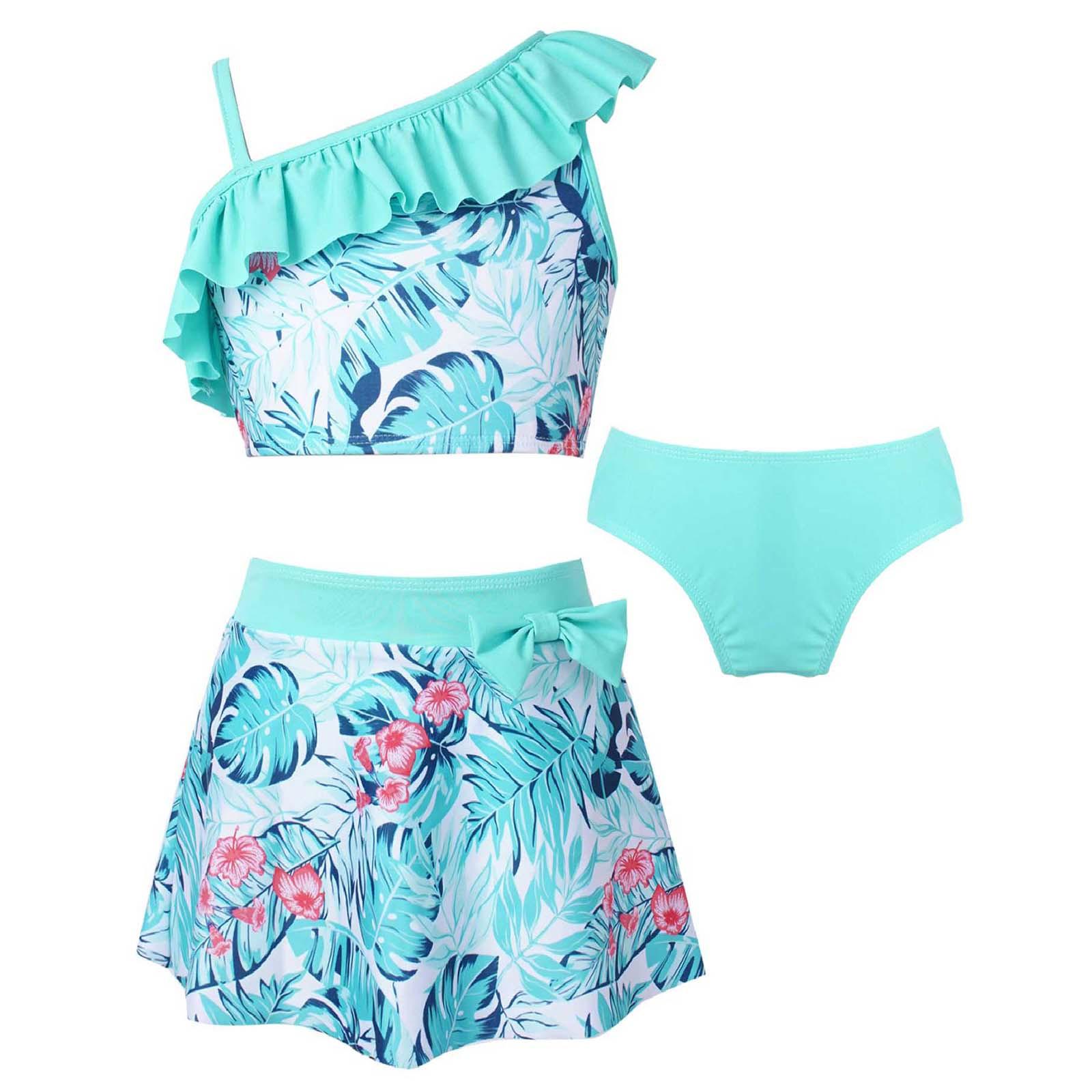 Fldy Meisjes Kinderen Badpak Badpak 3 Stuks Bikini Set Badmode voor Strand Zwembad Zwemmen Badpak 13-14 Years mintgroene kleur